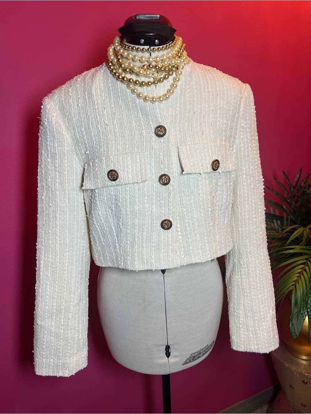 Astr Cream Cropped Bouclé Blazer with Decorative Buttons